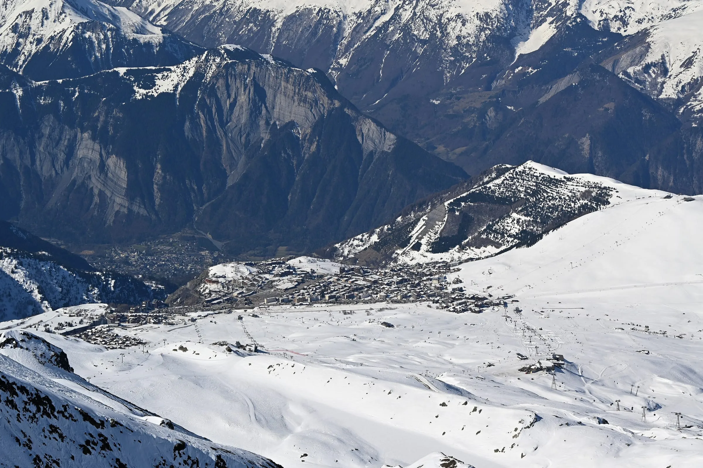 View over Alpe d'Huez and its ski area from the Pic Blanc
