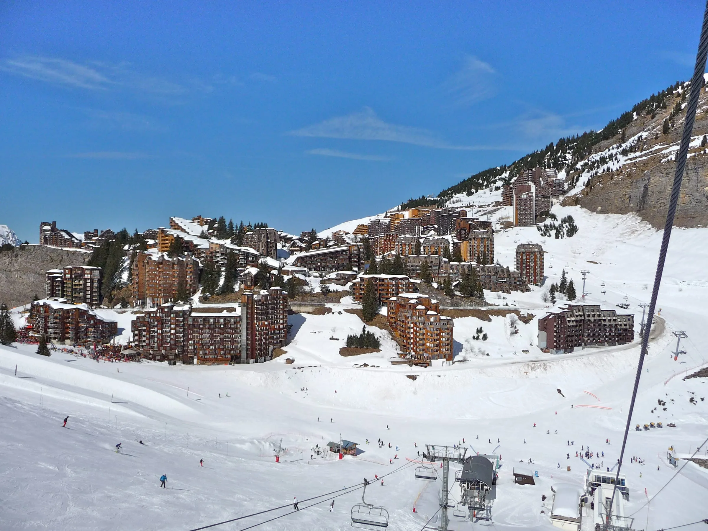 The car-free resort of Avoriaz above its ski slopes on a sunny day