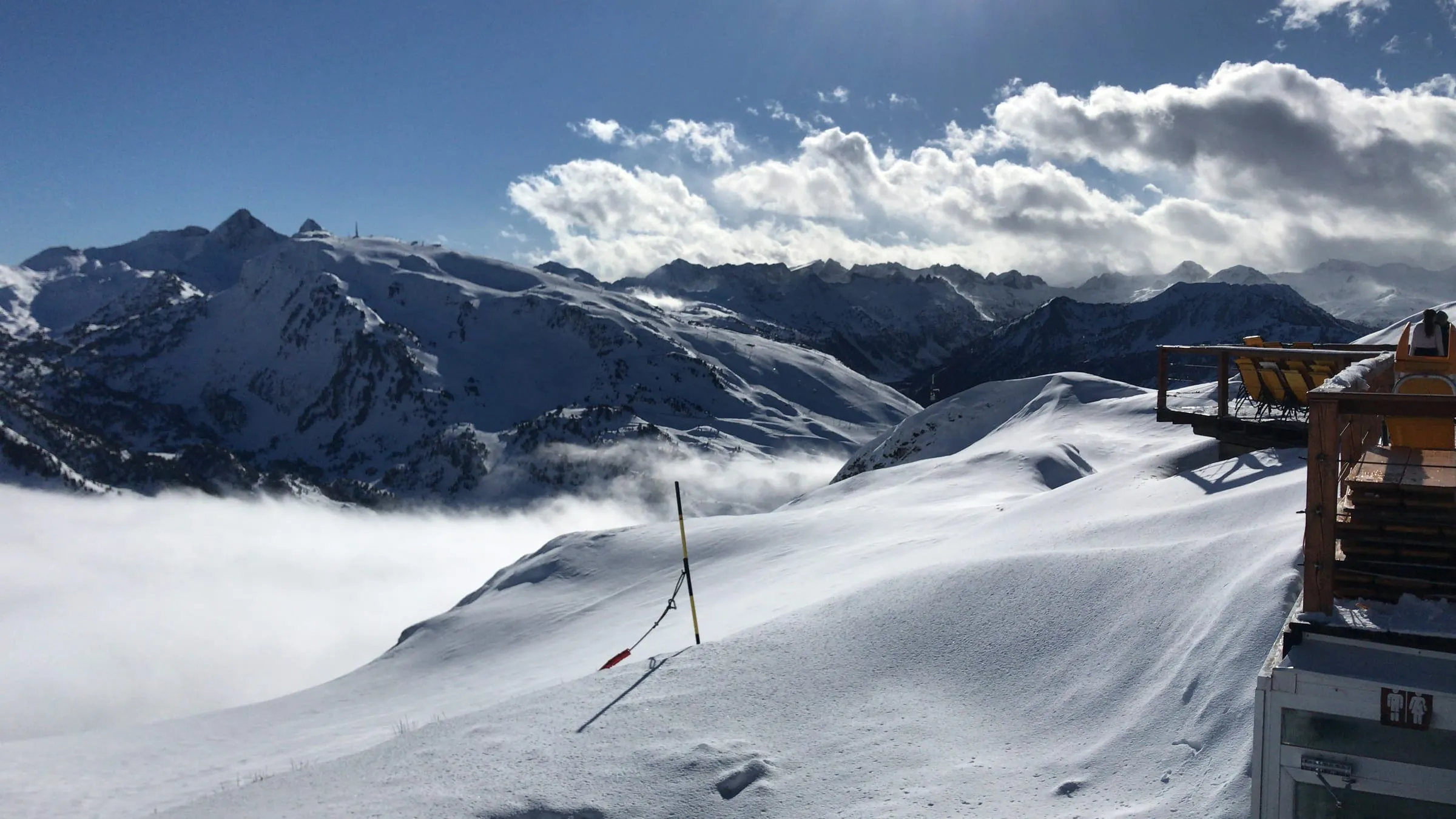 Snowy slopes at Baqueira-Beret above a sea of cloud in the Val d’Aran