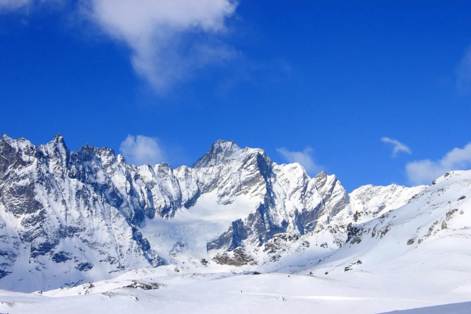 The snow-covered Dent d'Hérens seen from the Cervinia ski area at Cime Bianche
