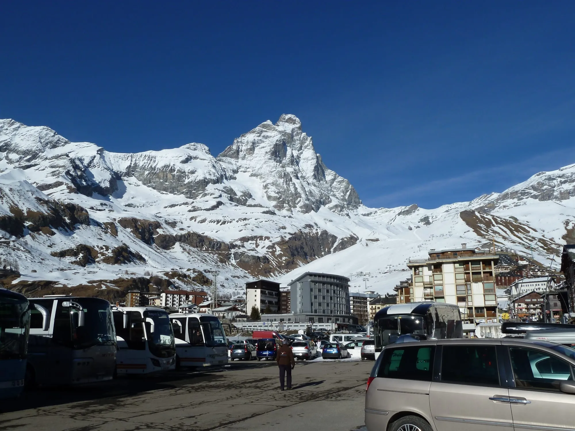 The Matterhorn above the centre of Breuil-Cervinia with snow on the ground