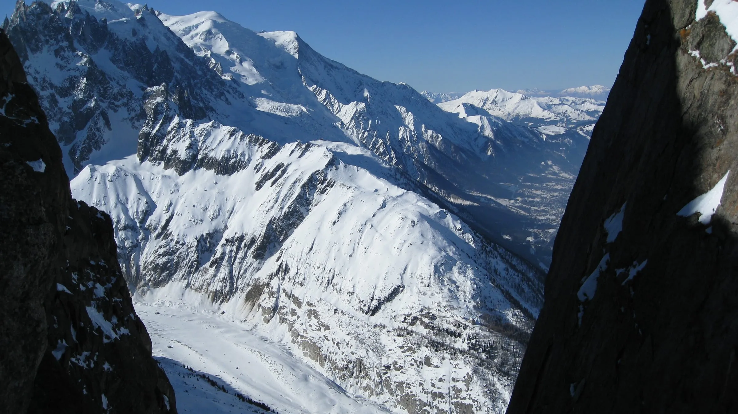 The Chamonix valley and Mont Blanc in winter, seen from the Grands Montets