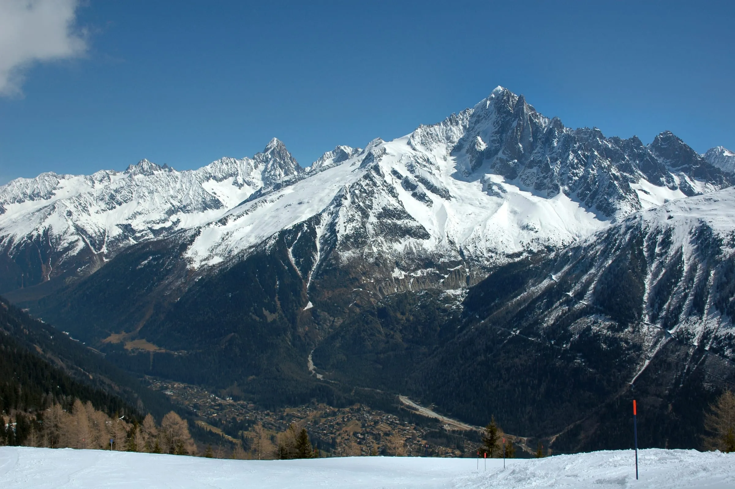 The Aiguille Verte and the Chamonix valley in winter, seen from the Planpraz slopes of the Brévent ski area