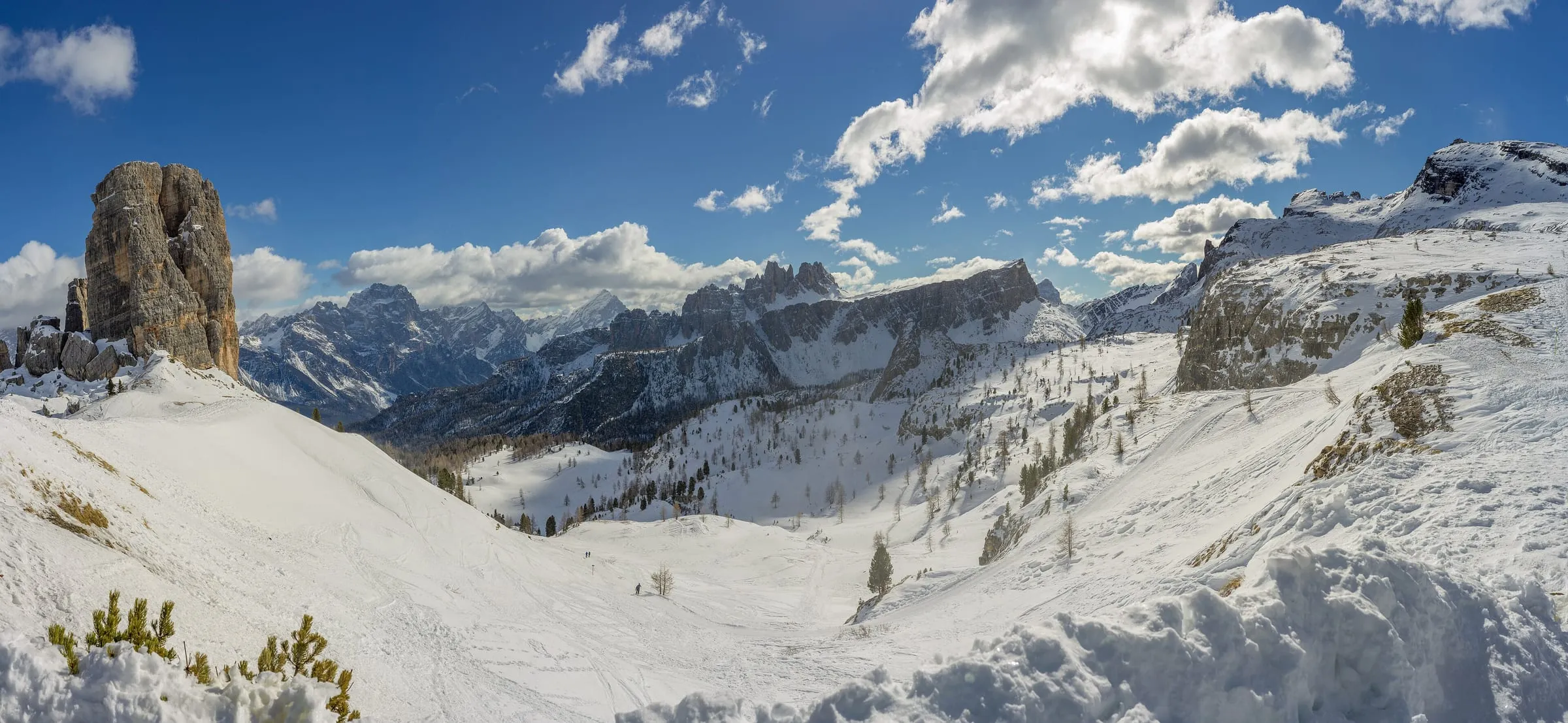 Snowy slopes in the Cinque Torri area near Cortina, looking towards the Croda da Lago and Nuvolau