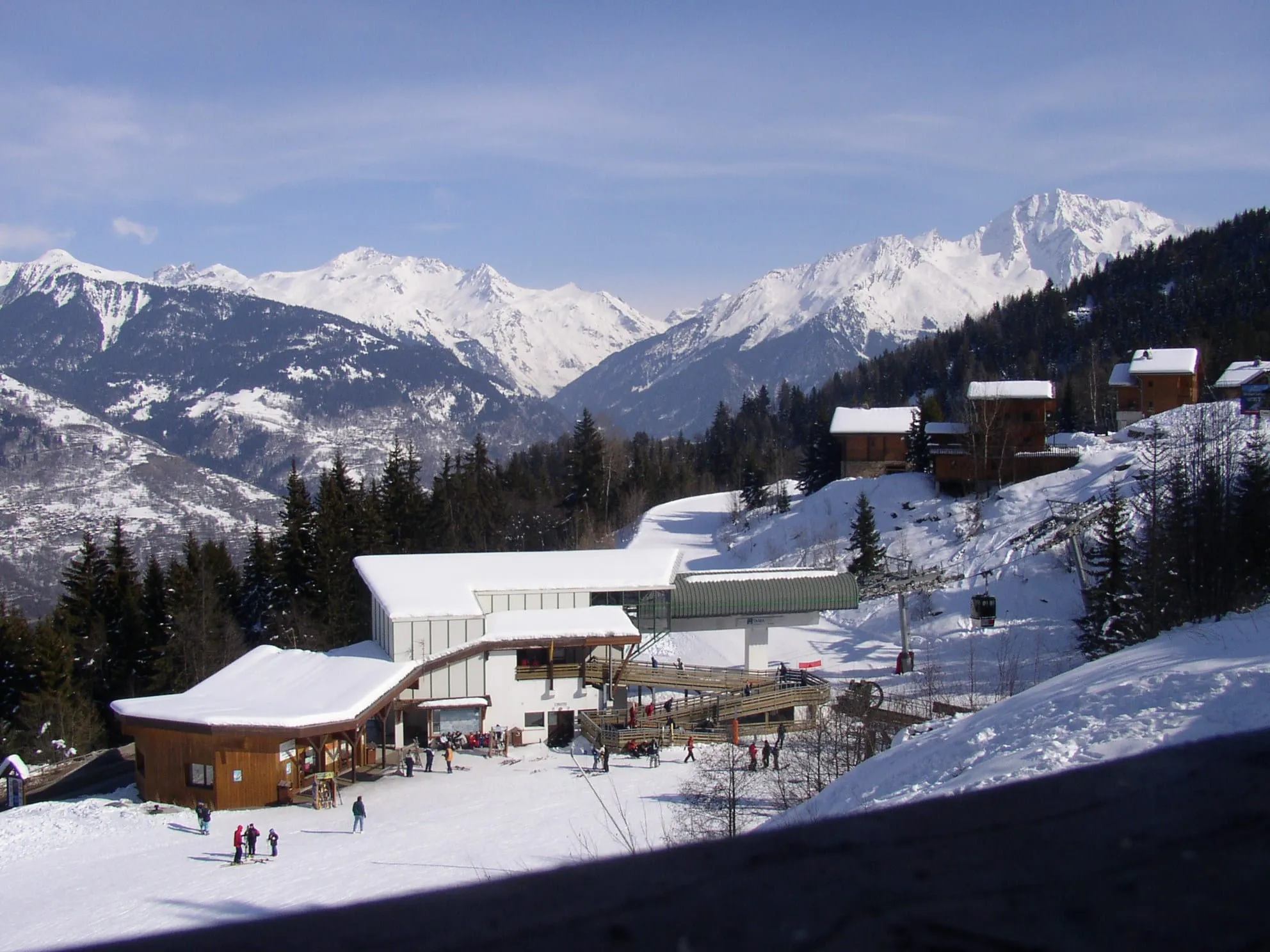 The ski station at La Tania, Courchevel, with chalets and snowy slopes