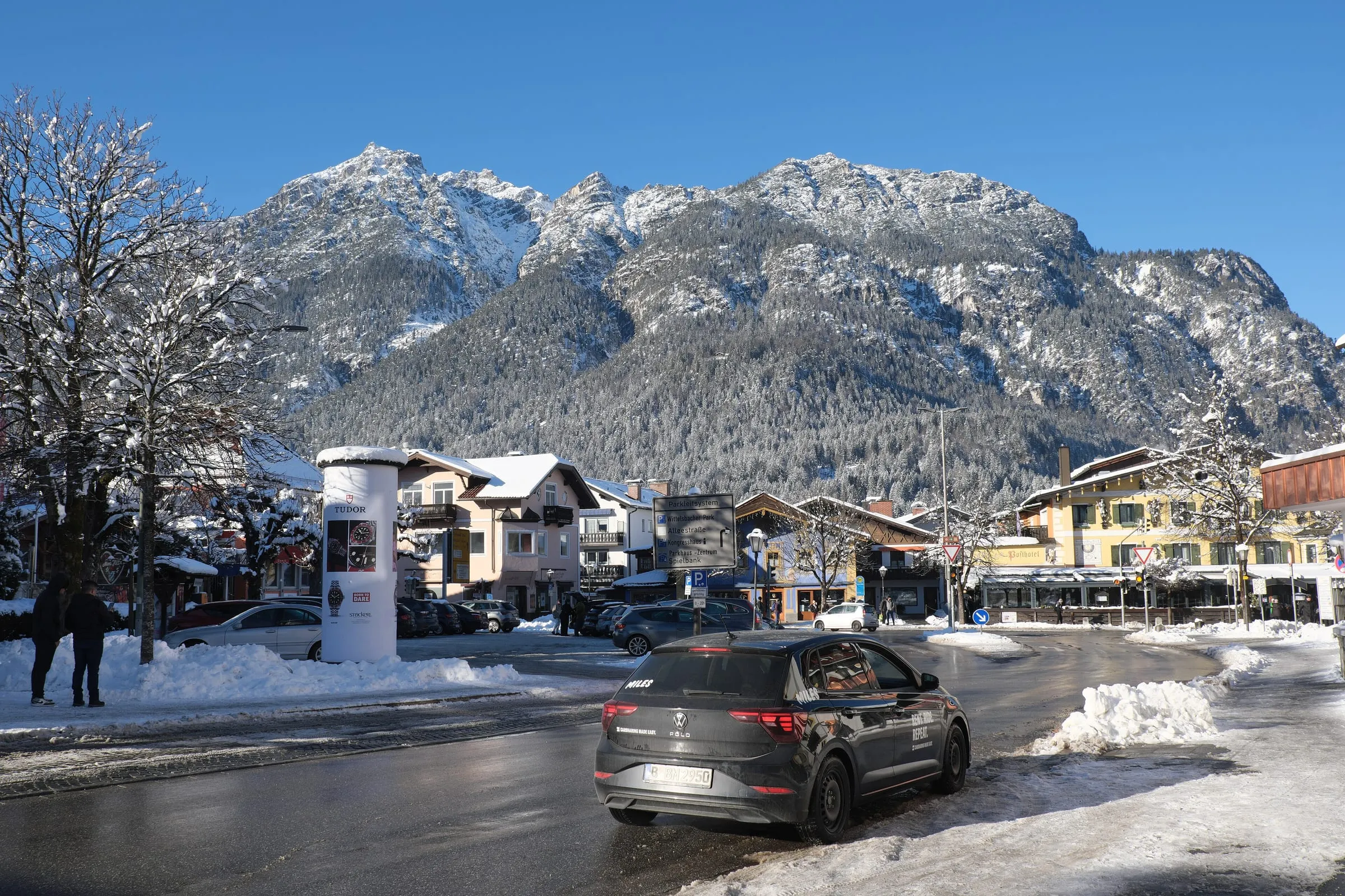 Marienplatz in Garmisch under snow, with the Wetterstein mountains behind