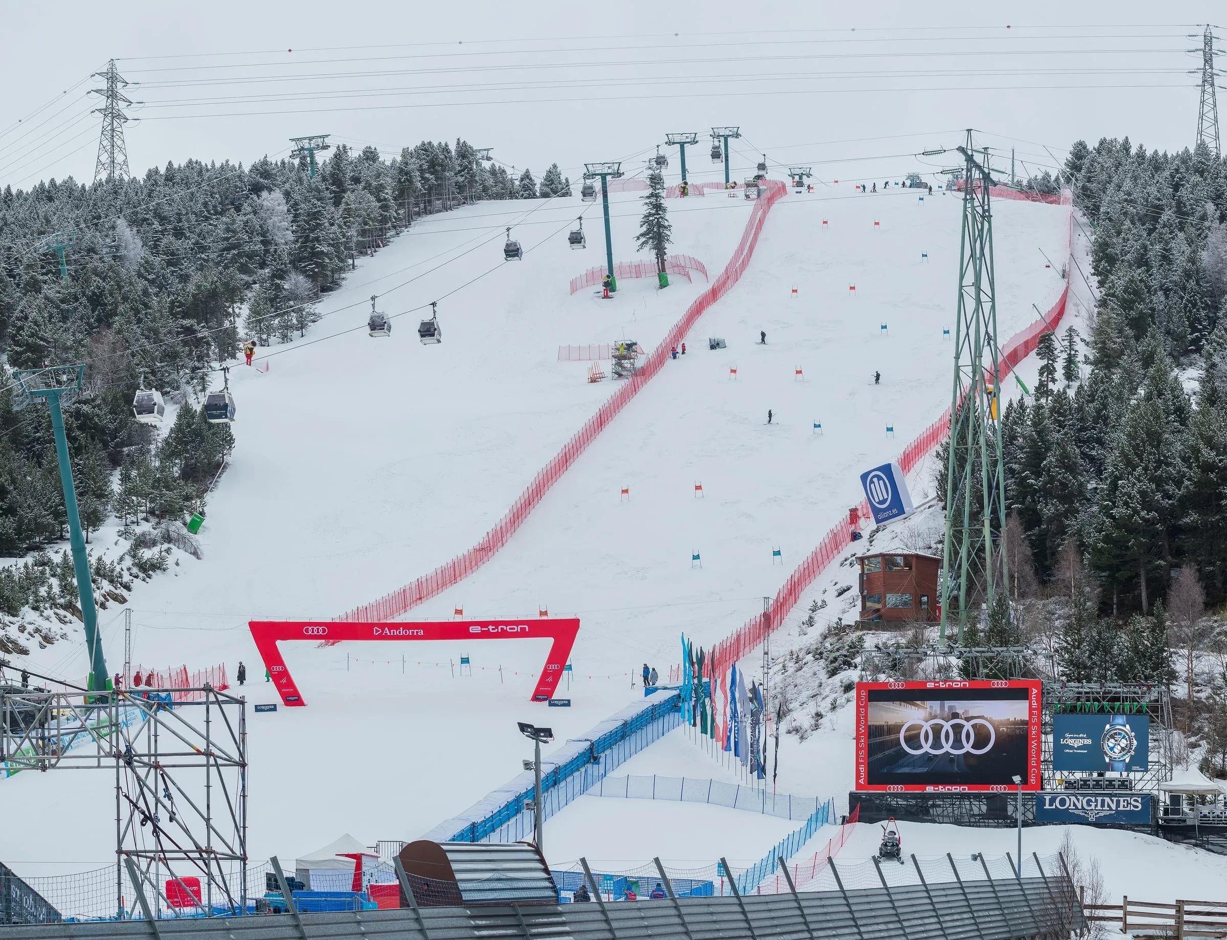 The Avet slope in Soldeu set up for a World Cup race, with the gondola running above it
