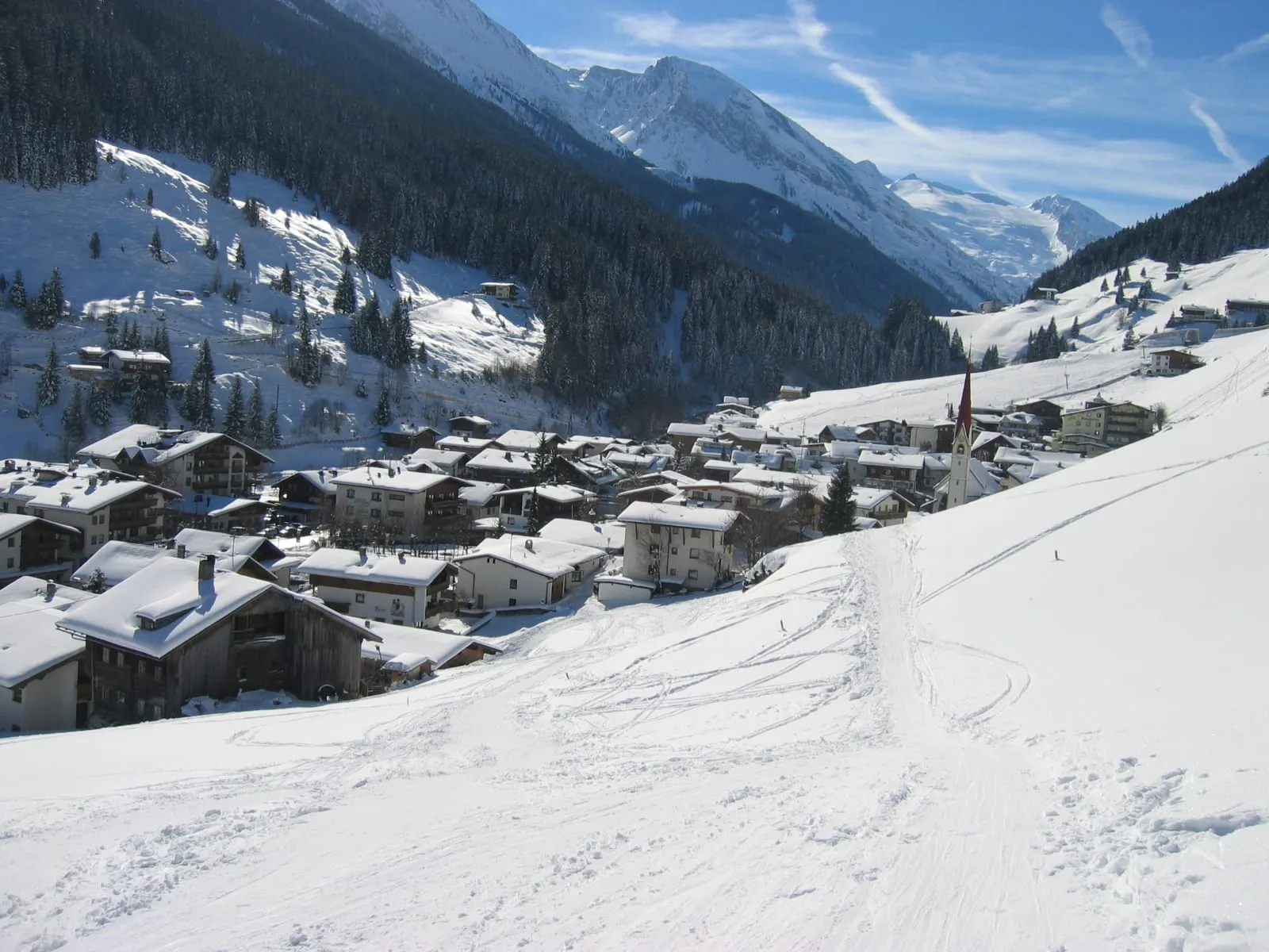 Lanersbach village in the snow at the foot of the Eggalm ski area, Tux valley
