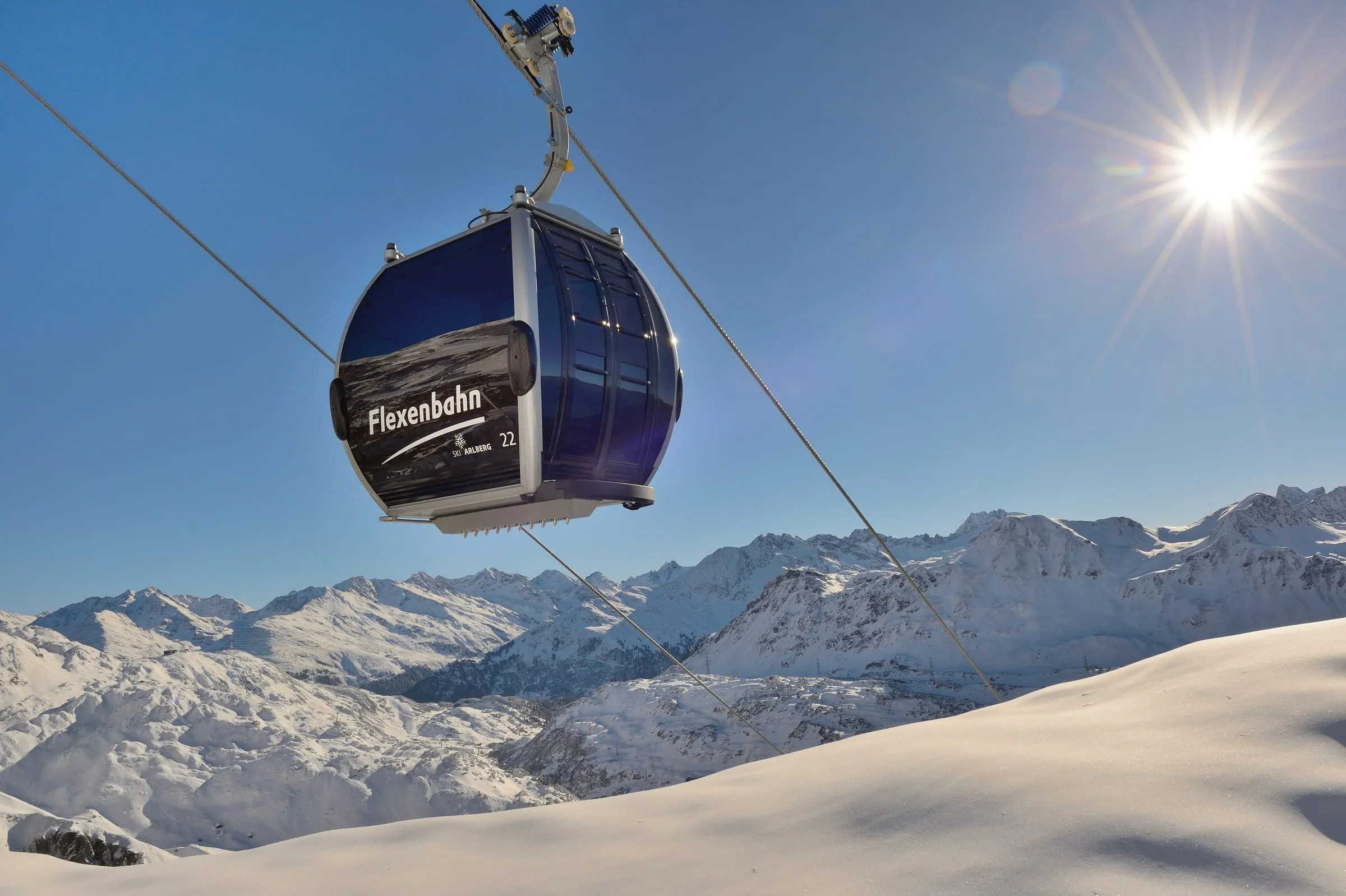 A Flexenbahn gondola cabin above the snowy Arlberg mountains