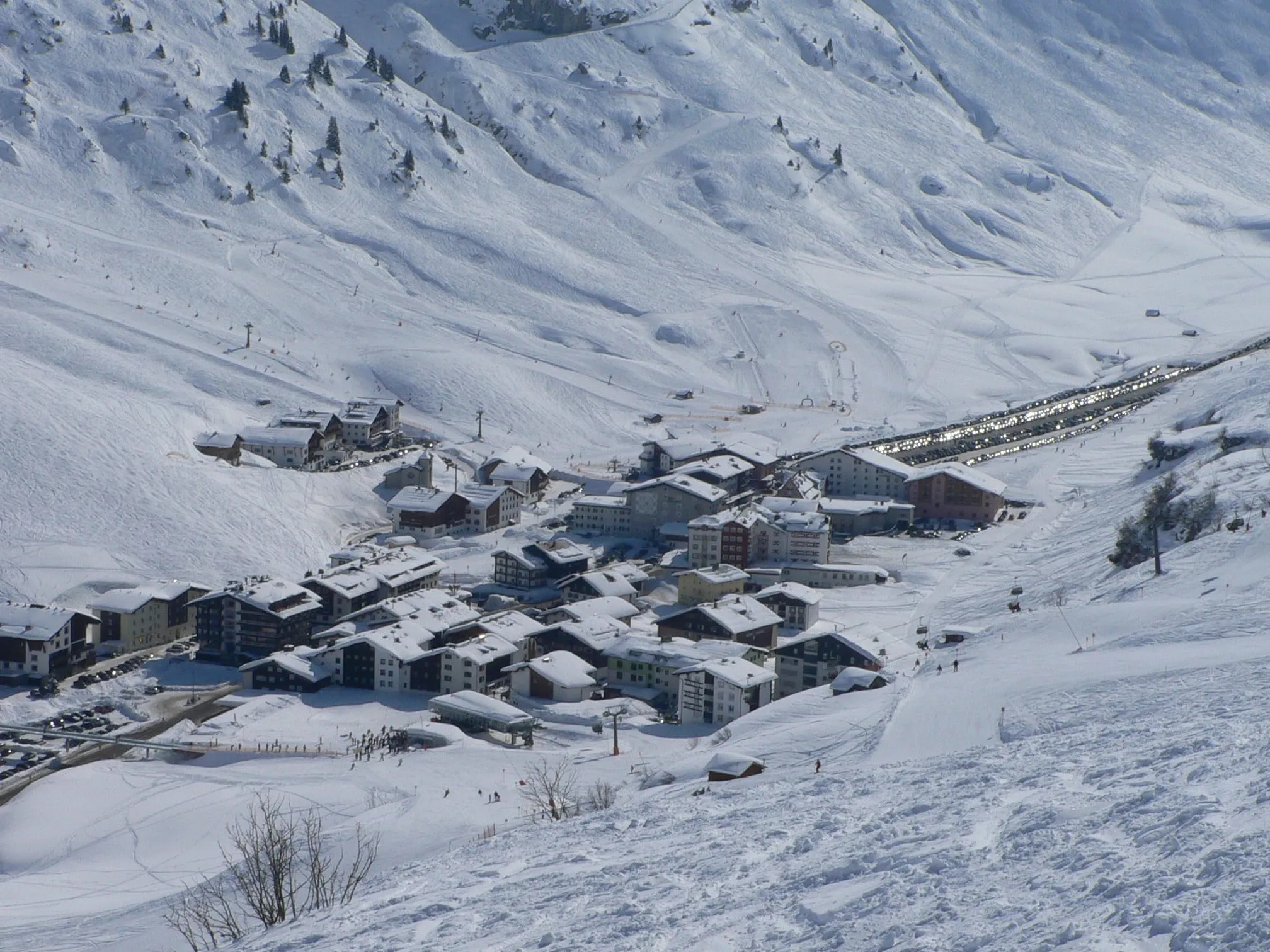 The village of Zürs am Arlberg surrounded by snowy slopes