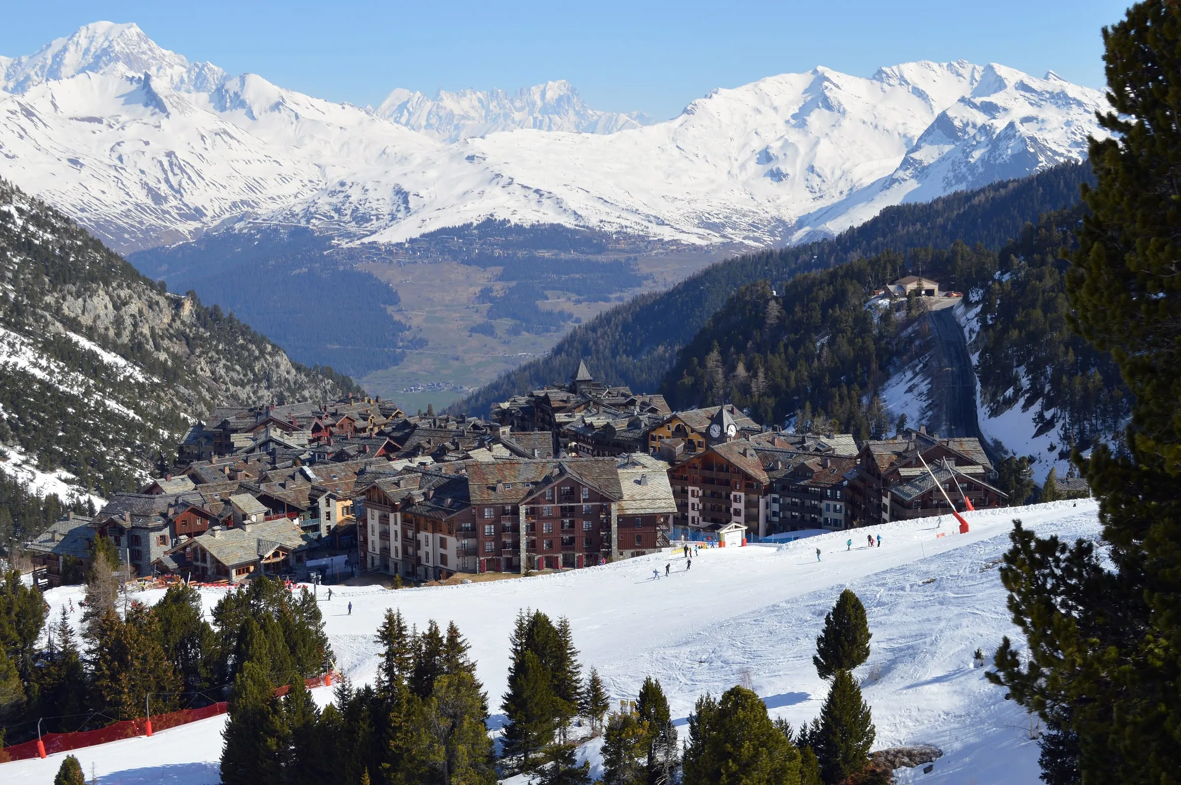 Arc 1950 in the snow, with Mont Blanc in the distance