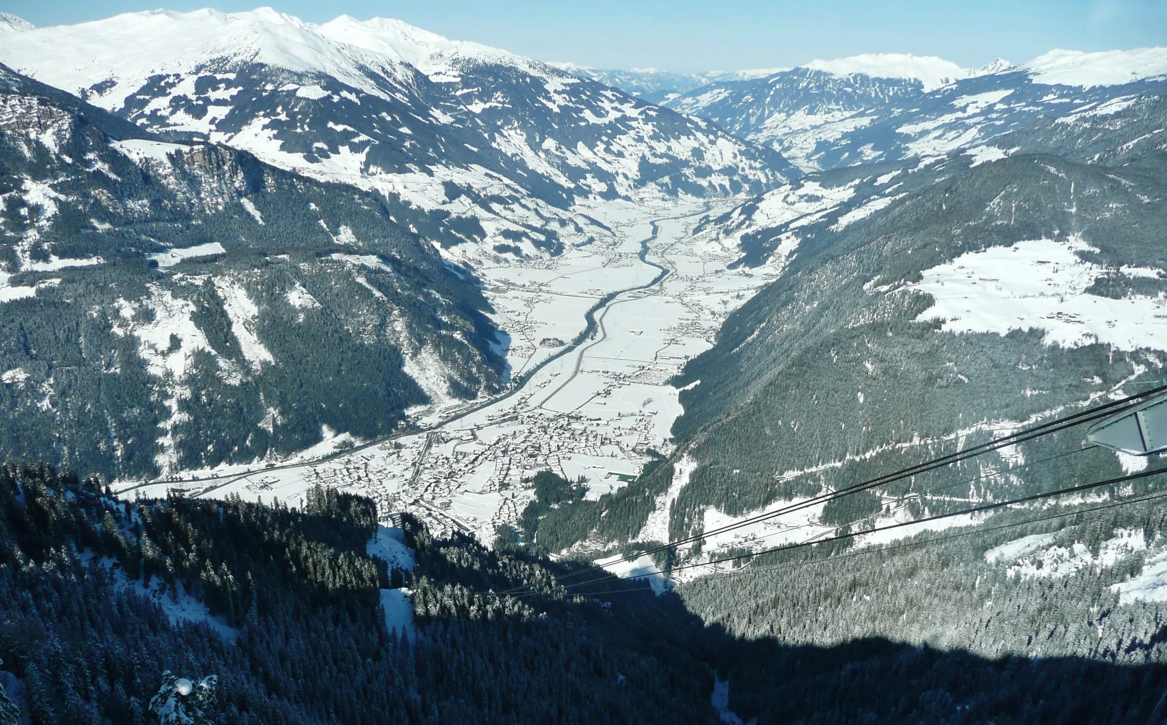 The snowy Zillertal valley seen from the Ahornbahn above Mayrhofen