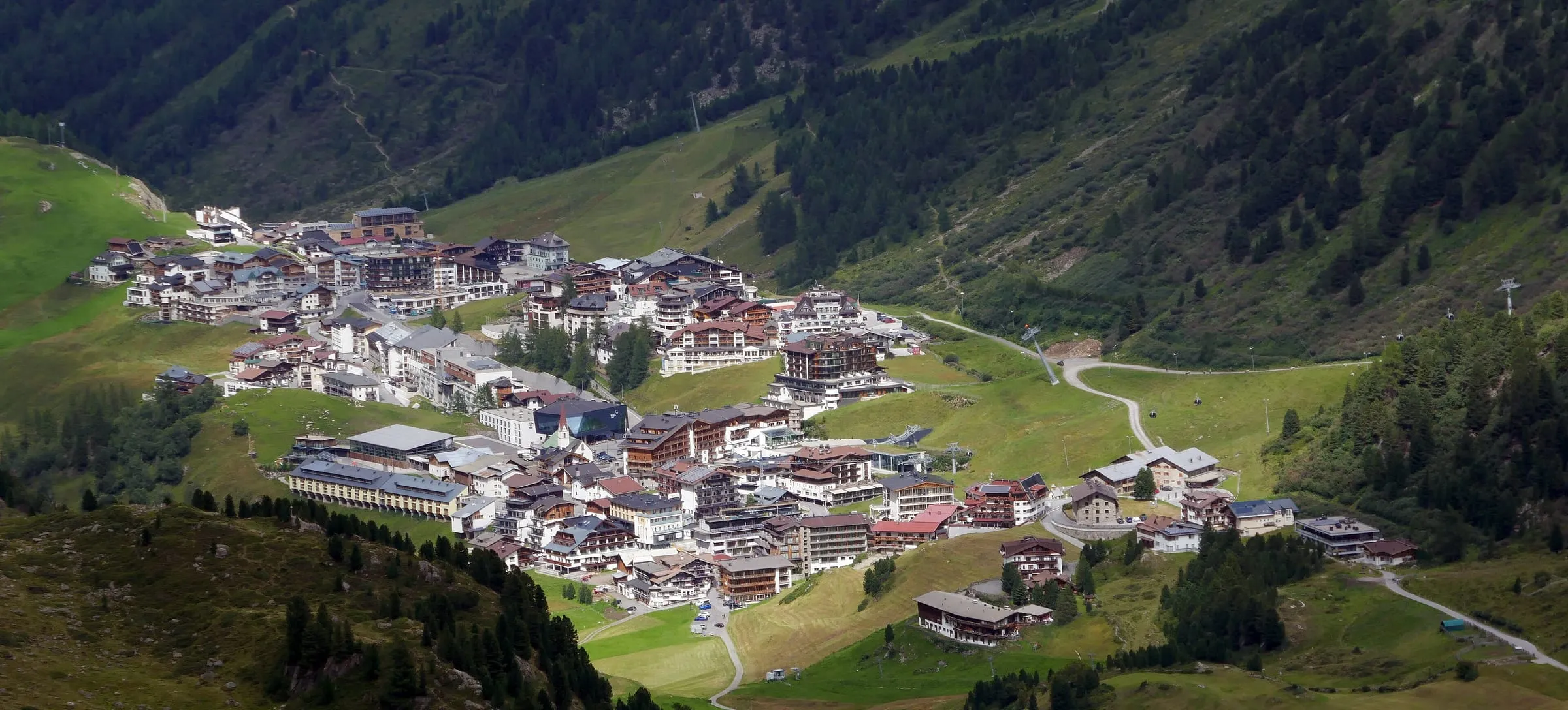 Obergurgl village and its hotels in the Gurgl valley, photographed in summer