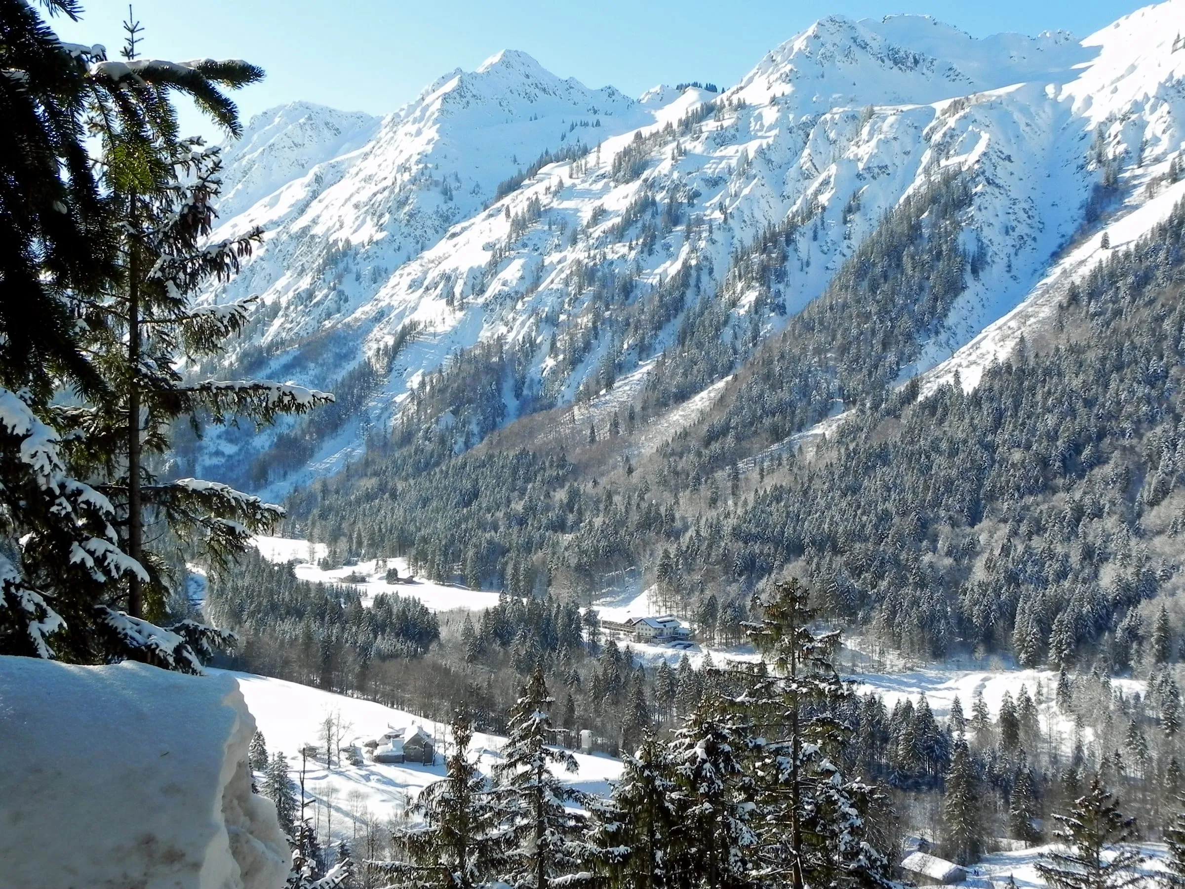 The Trettach valley near Oberstdorf in winter, with snow-covered peaks