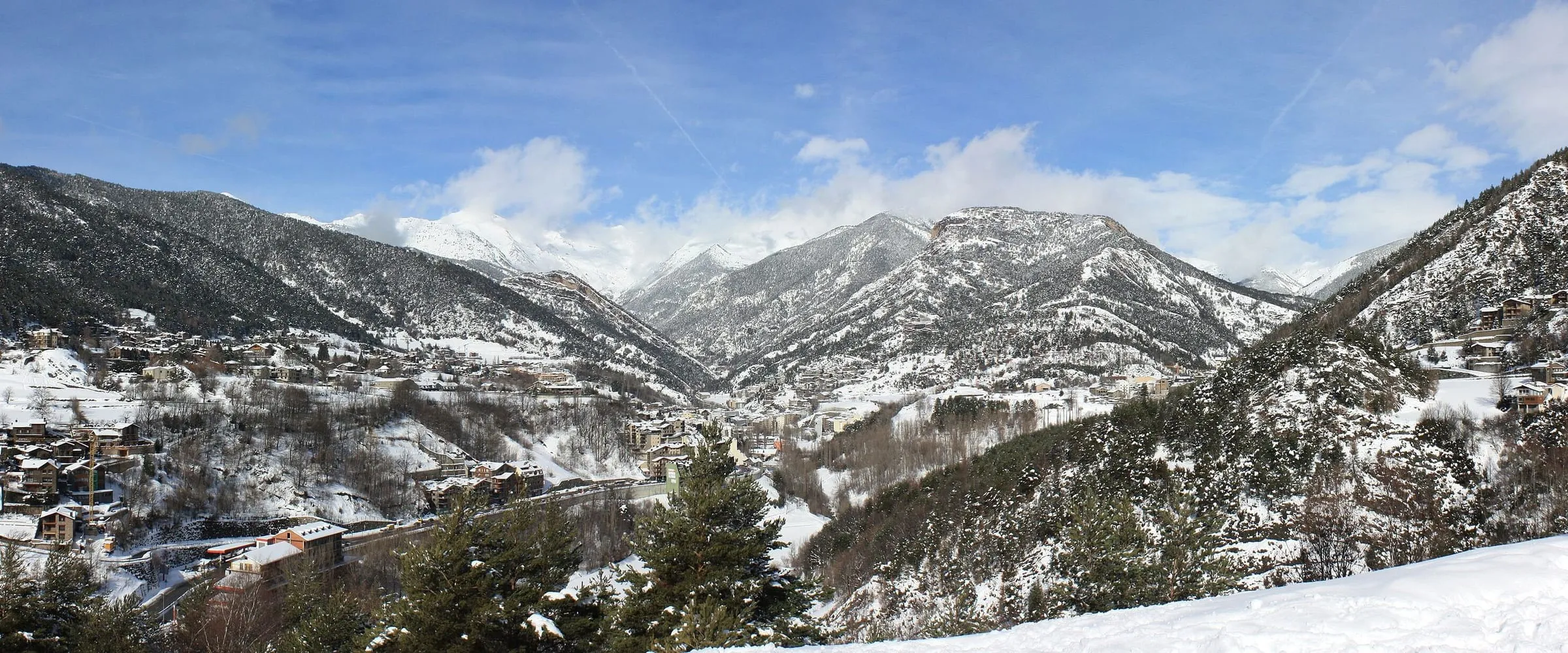 Snowy mountains above La Massana in winter, in the Andorran Pyrenees
