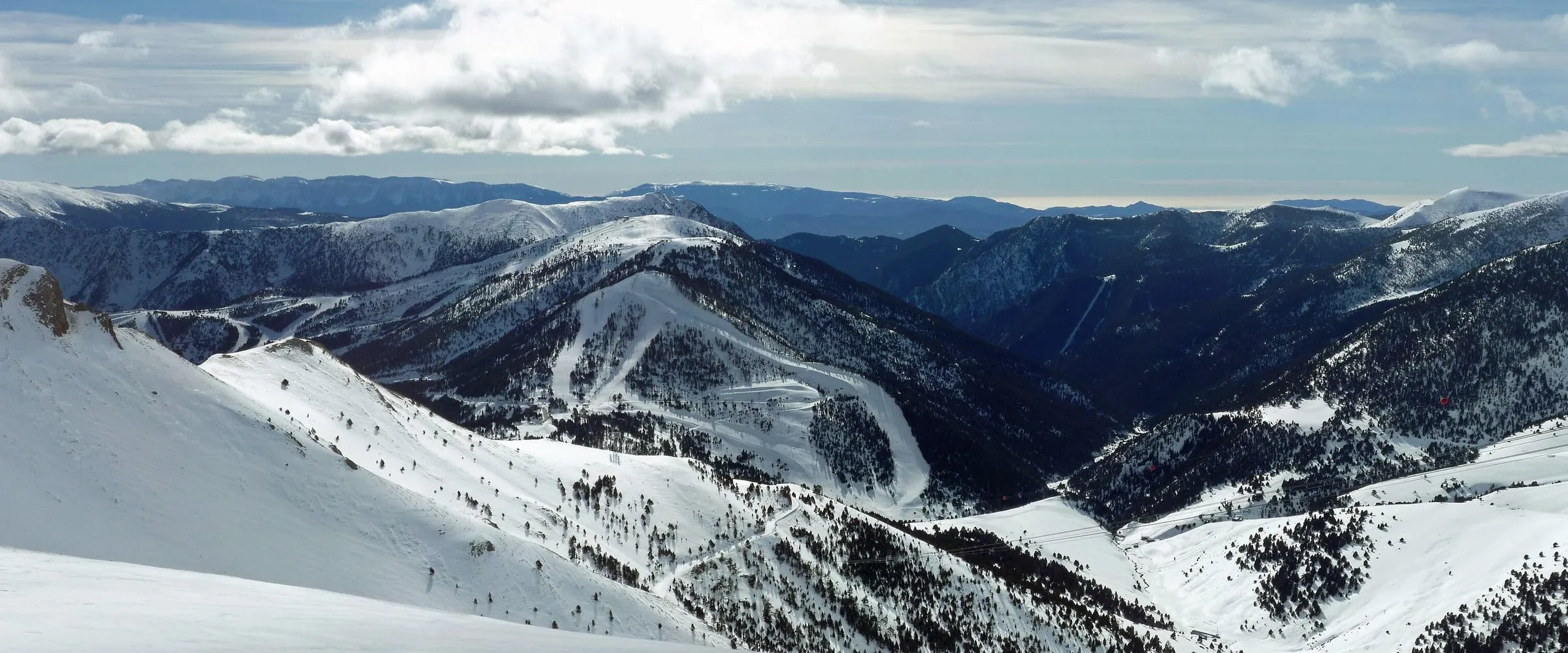 Panoramic view over the snowy Pal sector and the surrounding Andorran mountains