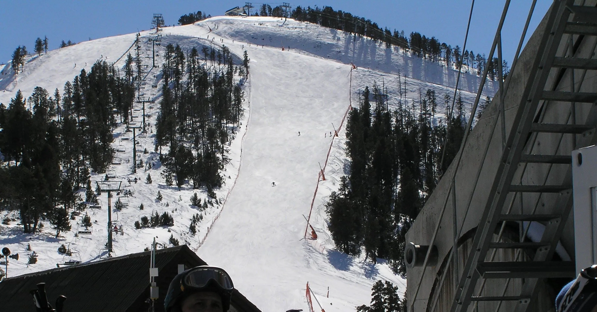 Red runs through the pine trees on the west side of the Pal sector, seen from the Pal Arinsal cable car station