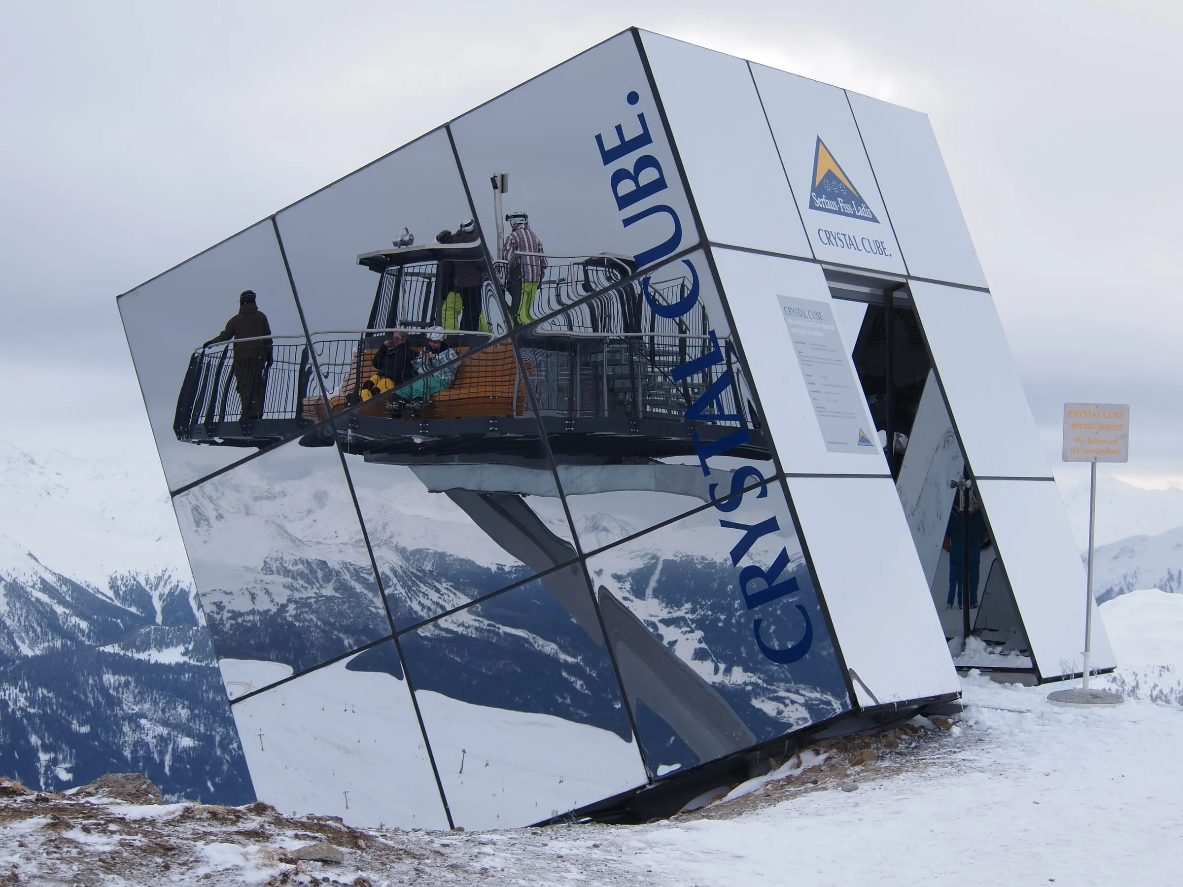 The mirrored glass Crystal Cube on the Zwölferkopf above Fiss in winter