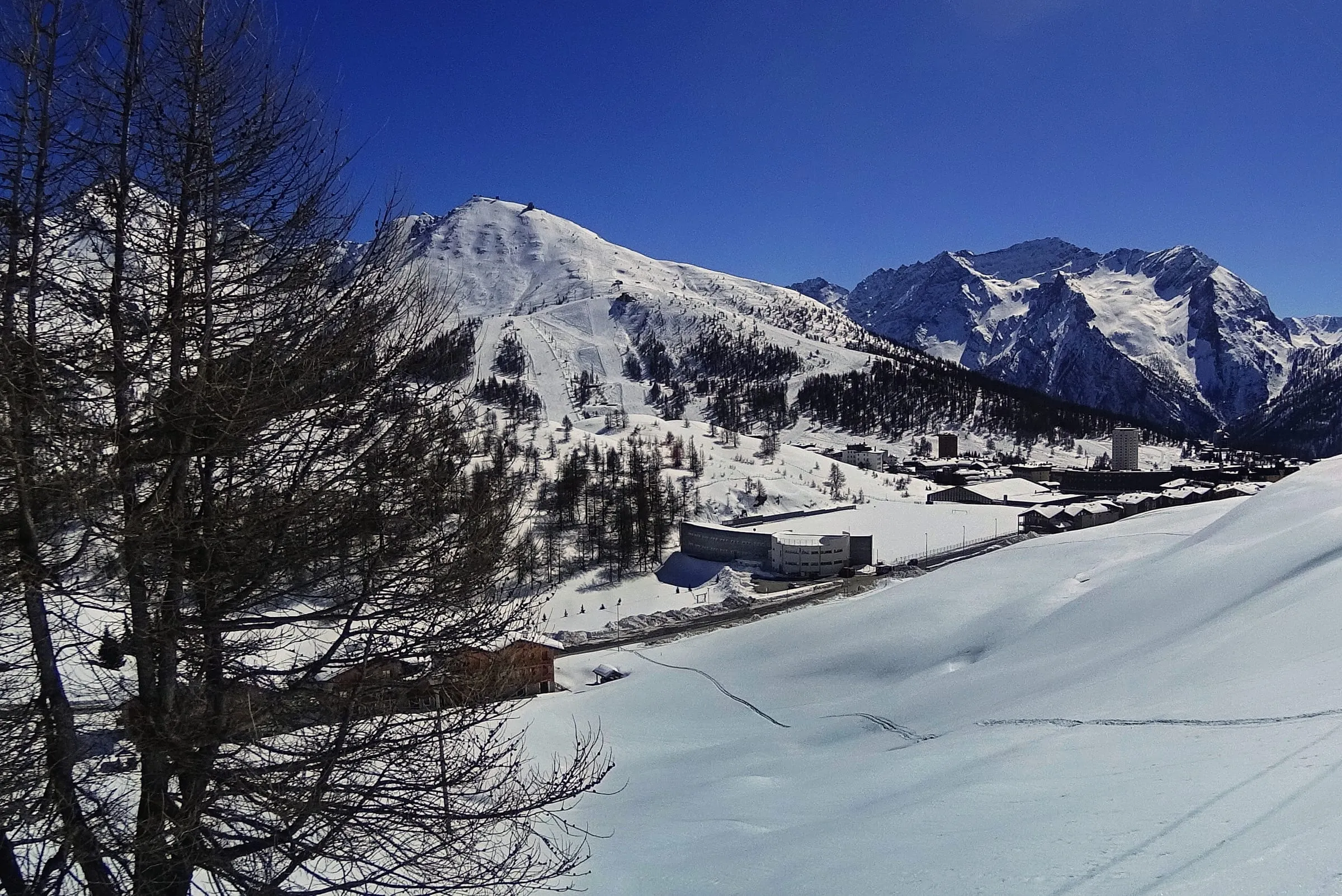 Snow-covered slopes at the Col de Sestriere in winter