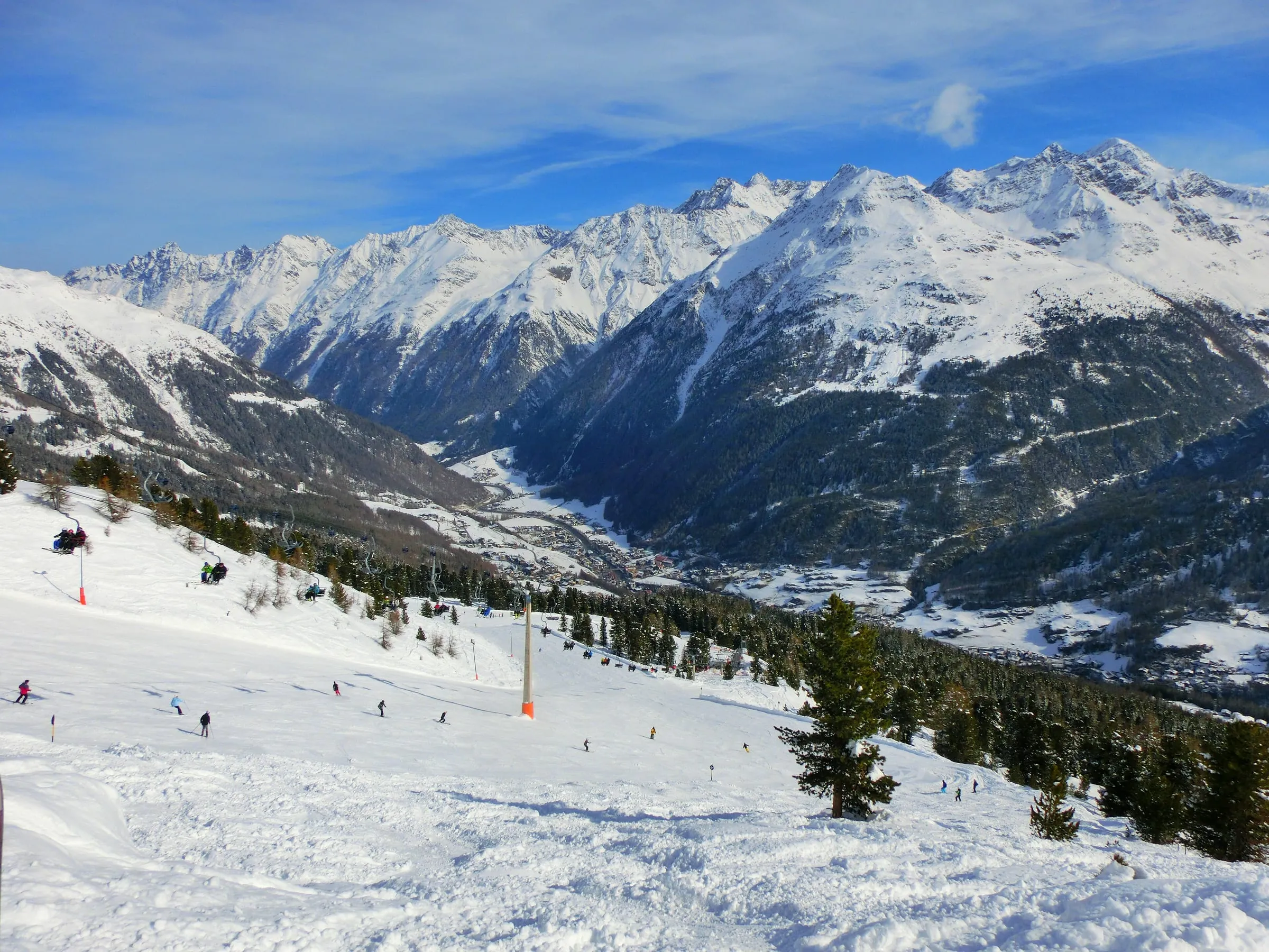 Ski runs above the Ötztal valley near Sölden, with snowy peaks opposite