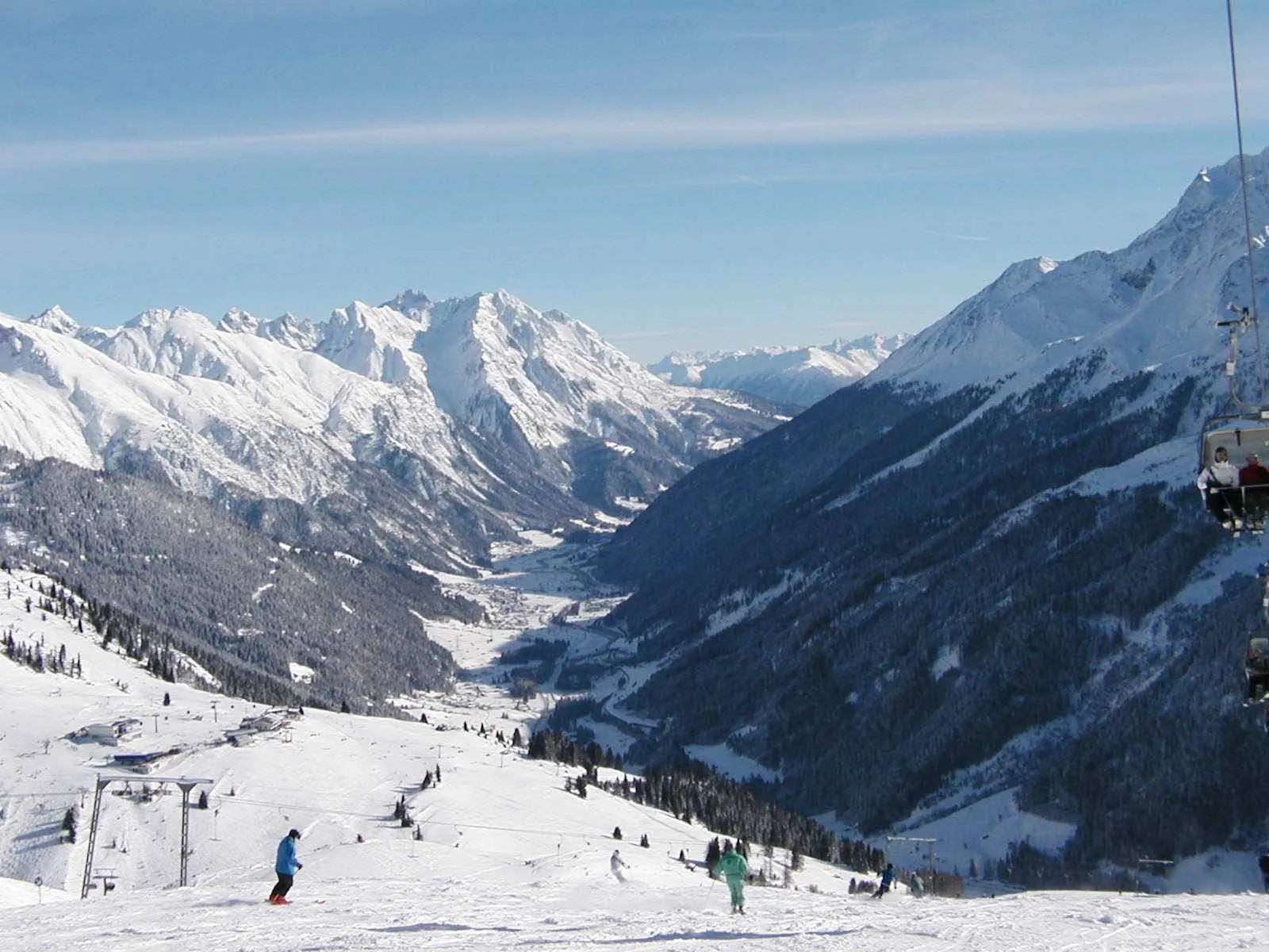 Looking down the valley from the snowy slopes above St. Anton am Arlberg