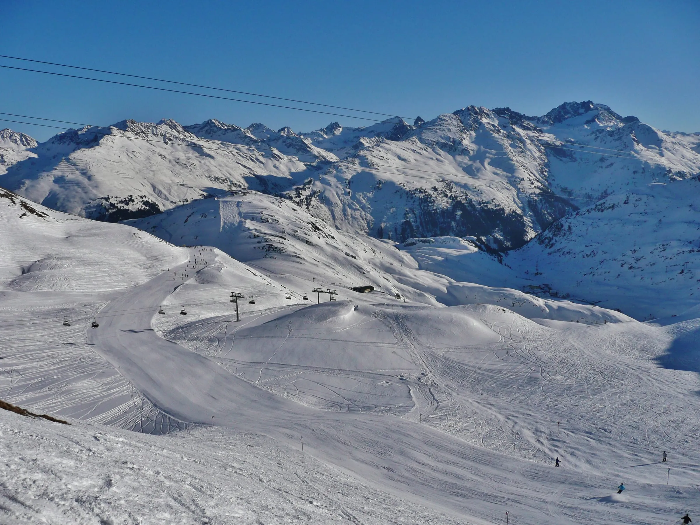 Ski slopes above St. Anton am Arlberg, seen from the Ulmer Hütte