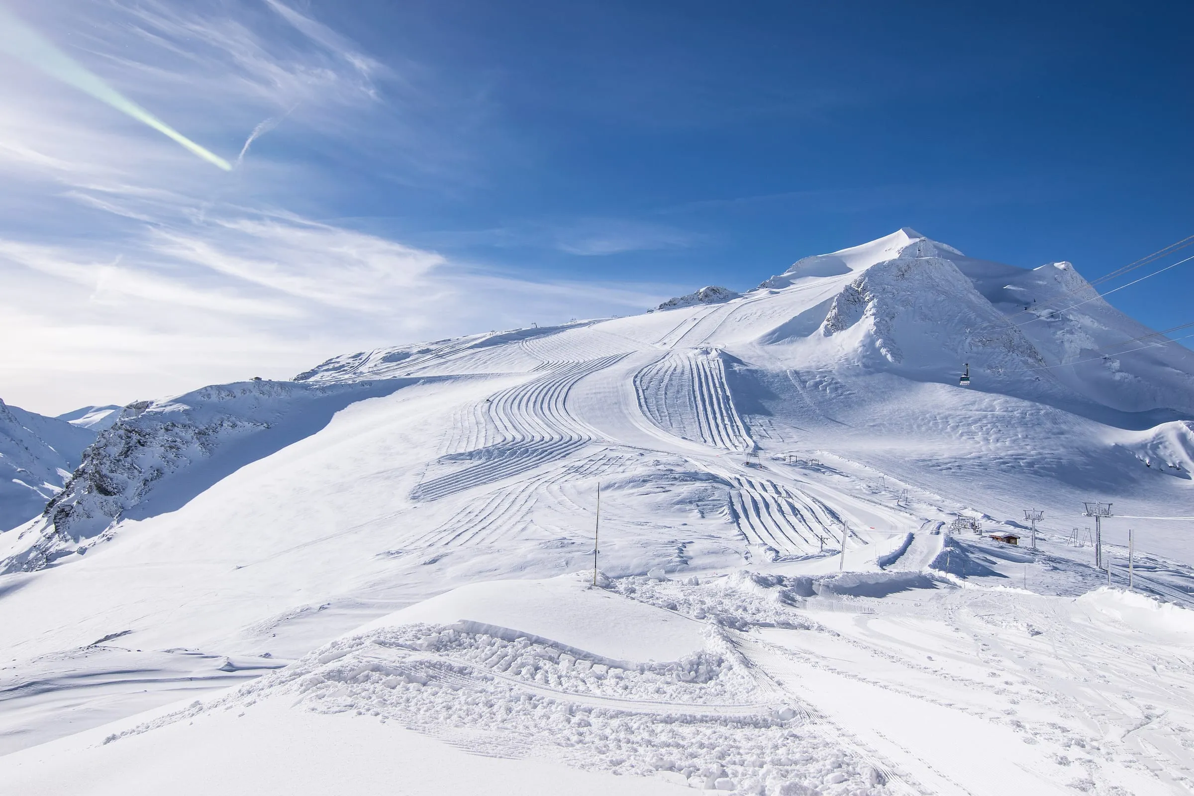 Groomed pistes on the Grande Motte glacier in Tignes in winter