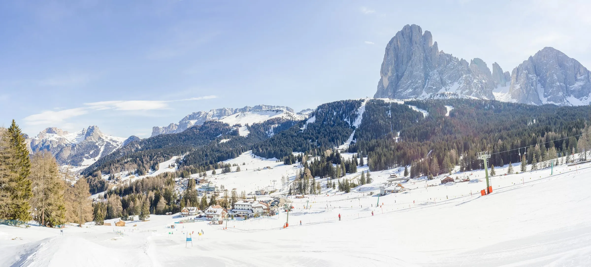 Gentle ski slopes on the Monte Pana plateau above Santa Cristina, below the Sassolungo