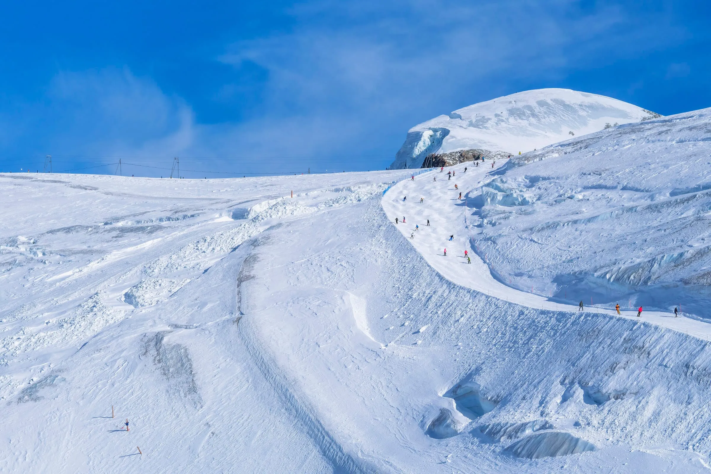Groomed glacier pistes at Matterhorn Glacier Paradise above Zermatt