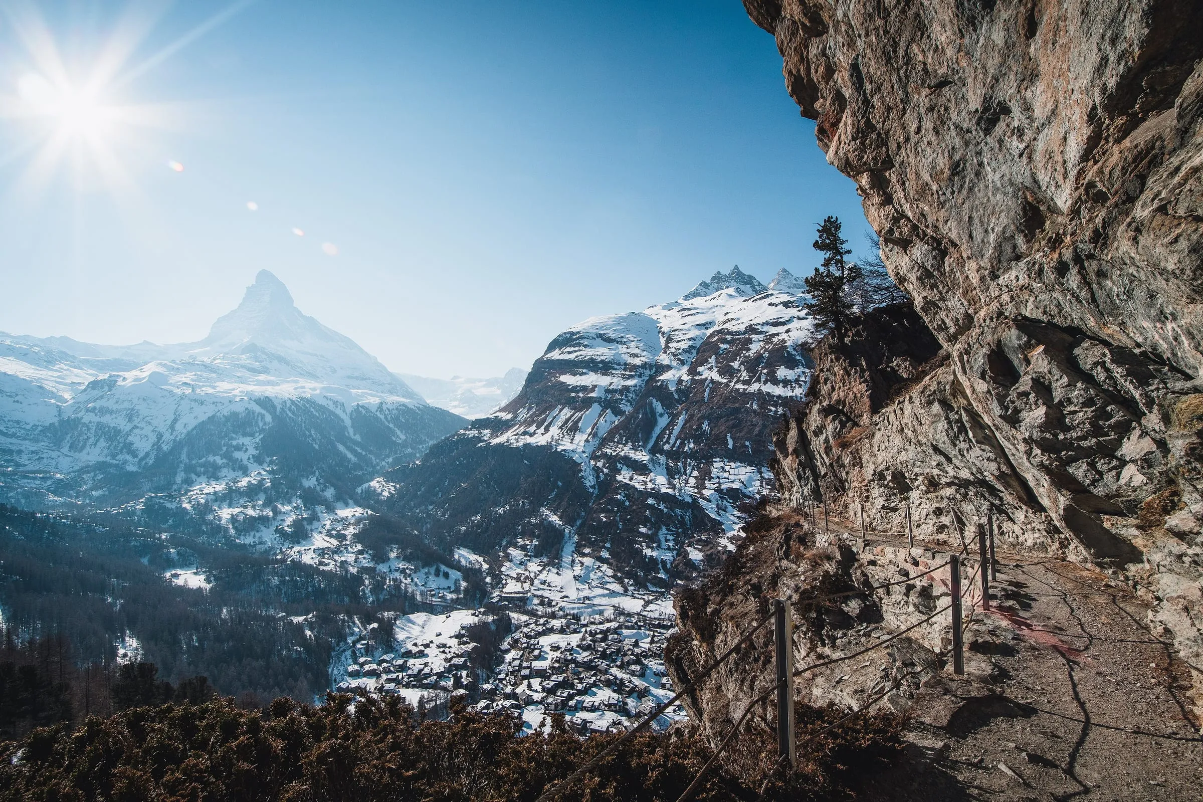 Zermatt village in winter below the Matterhorn, seen from the path down from Sunnegga